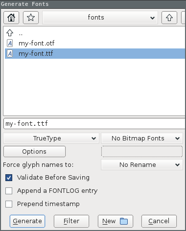 fontforge generate dialog
