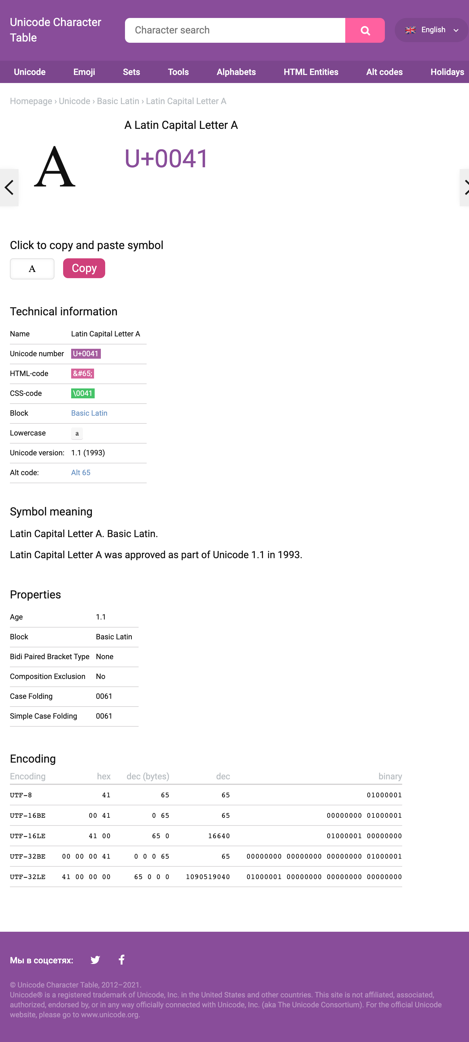 unicode table character A